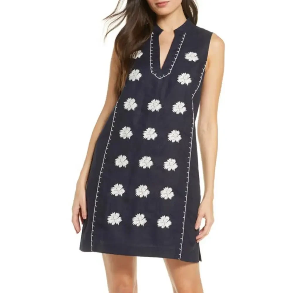 tory burch embroidered beach dress Tory Burch Embroidered Beach Dress With Pockets, Blue, Women's, Small